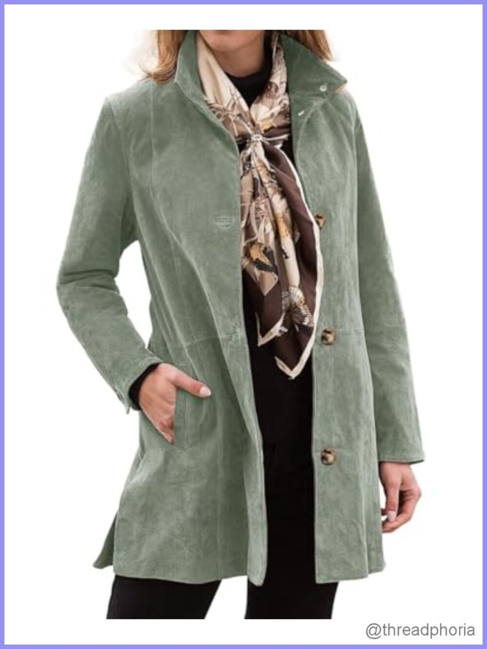 Suede Leather Coat Stand Collar Single Breasted Overcoat Pockets Mid Length